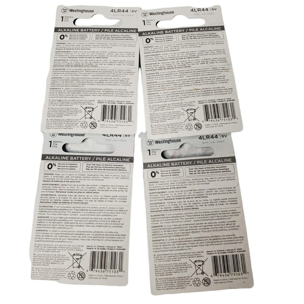 Lot of 4 Westinghouse Alkaline Batteries 4LR44 Replaces 4LR44  1414A