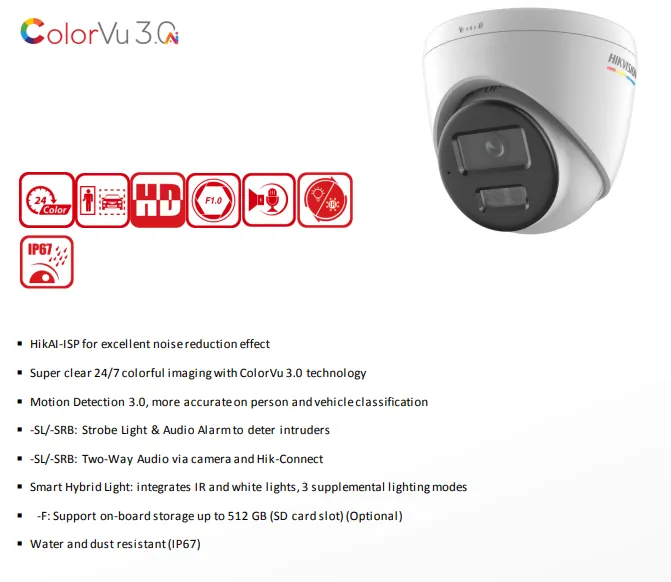 HIK - DS-2CD1327G3-LIU - 2mp resolution HIKAI-ISP ColorVu 3.0 Turret