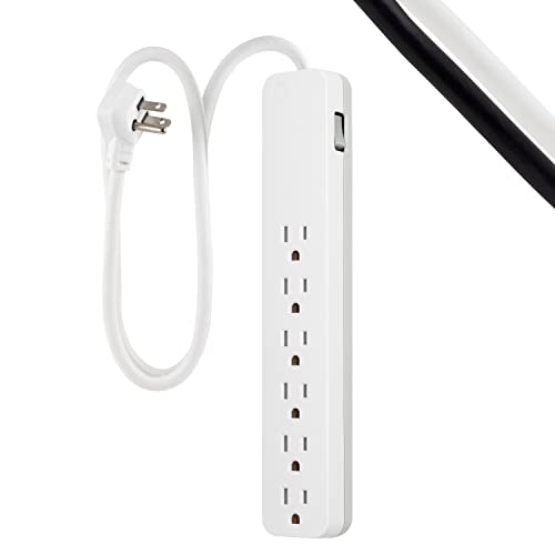 GE 6-Outlet Surge Protector, 3 Ft Extension Cord, Power Strip, 840 Joules, Flat Plug, UL Listed, White, 62688
