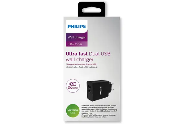 Phillips 3.1/15.5W Ultra-Fast Dual USB Wall Charger  