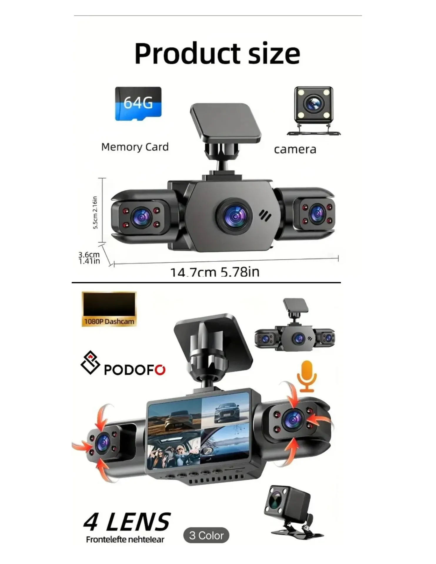 Generic Dash-Cam Front, Internal & Rear Recording with 64GB Memory Card